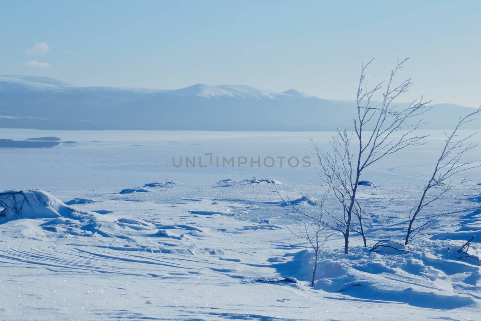 Winter panoramic view at White sea and mountains near Kandalaksha Russia , ?ross mountain