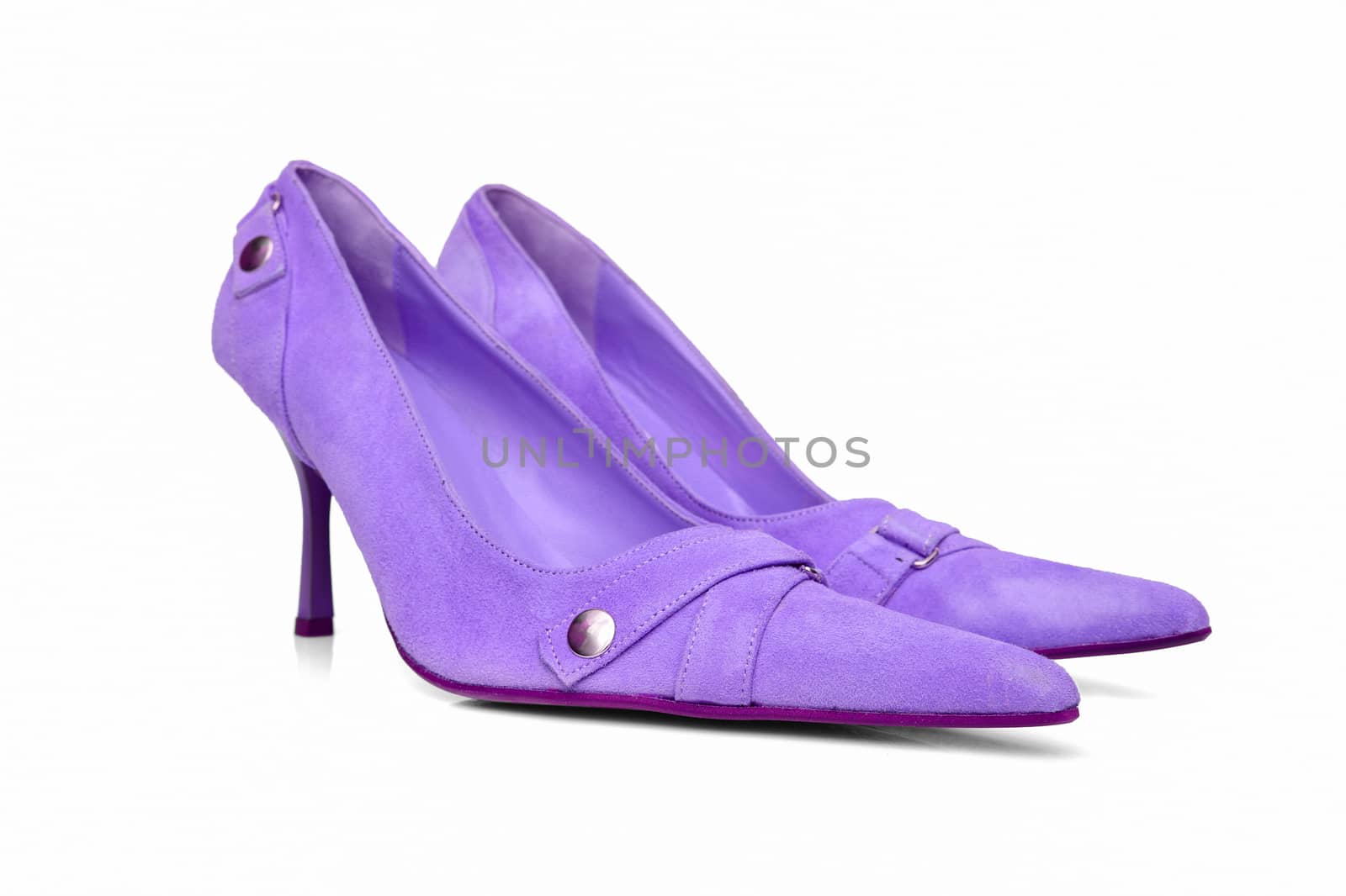Female purple leather shoes on white background, isolated product.