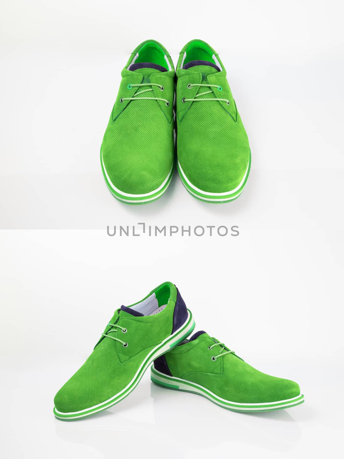 Male green leather shoe on white background, isolated product.