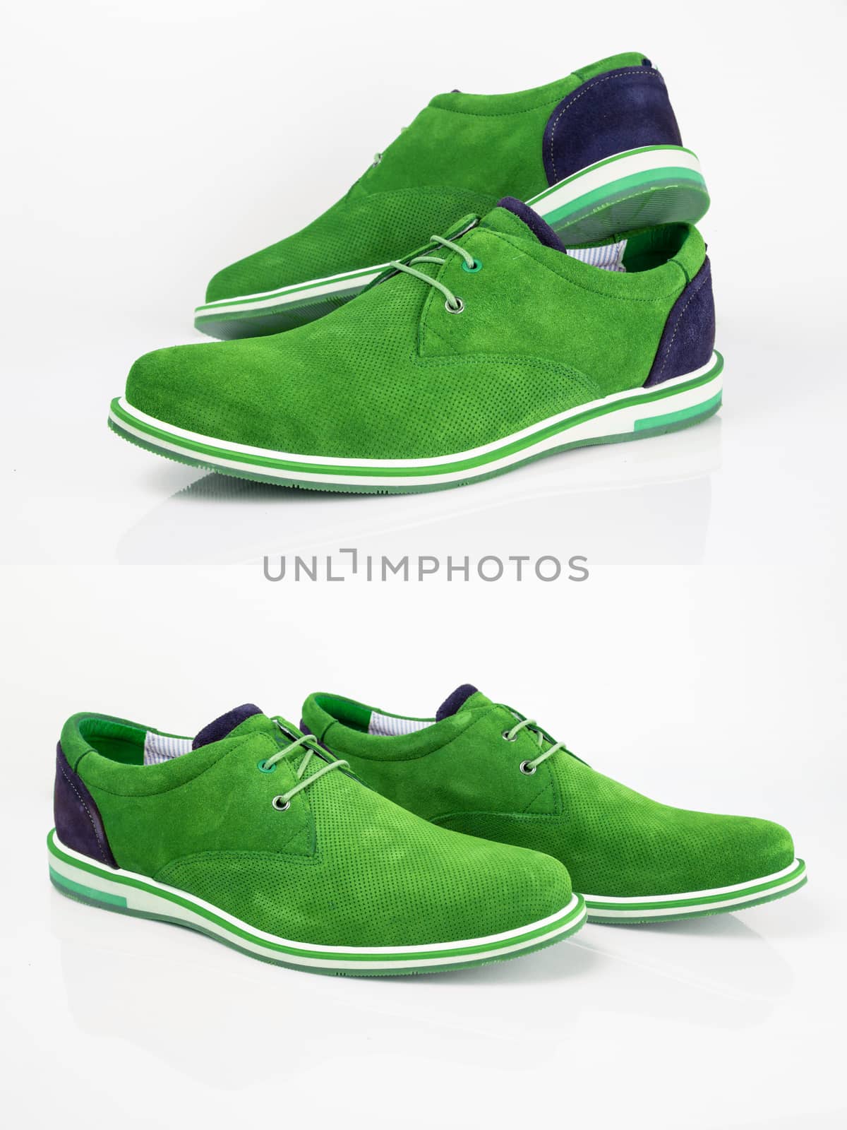 Male green leather elegant shoes on white background, isolated product.