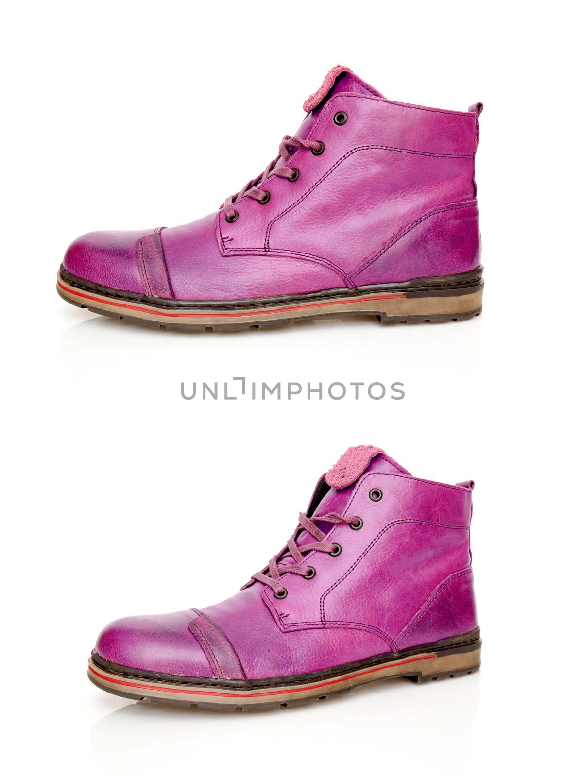 Male purple boots on white background, isolated product.
