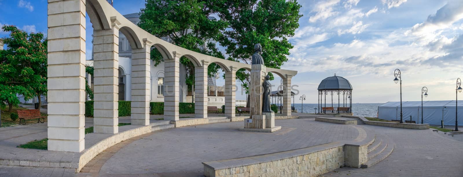 Constanta, Romania – 07.09.2019.  Statue of Mihai Eminescu in Constanta, Romania, on a sunny summer morning