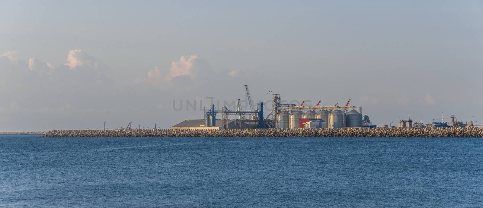 Constanta, Romania – 07.09.2019.  Panoramic view of Industrial and cargo port in Constanta, Romania, on a sunny summer day