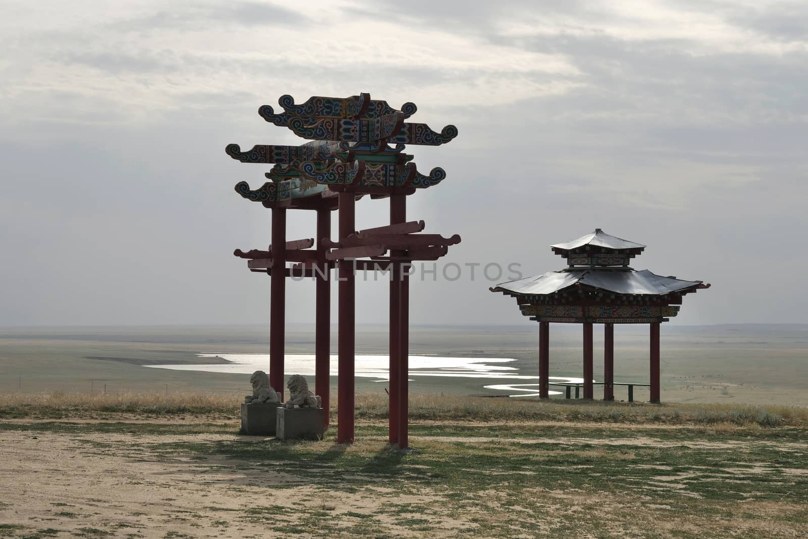 Gate of the Buddhist stupas complex in Elista (Russia, Republic Kalmykia).