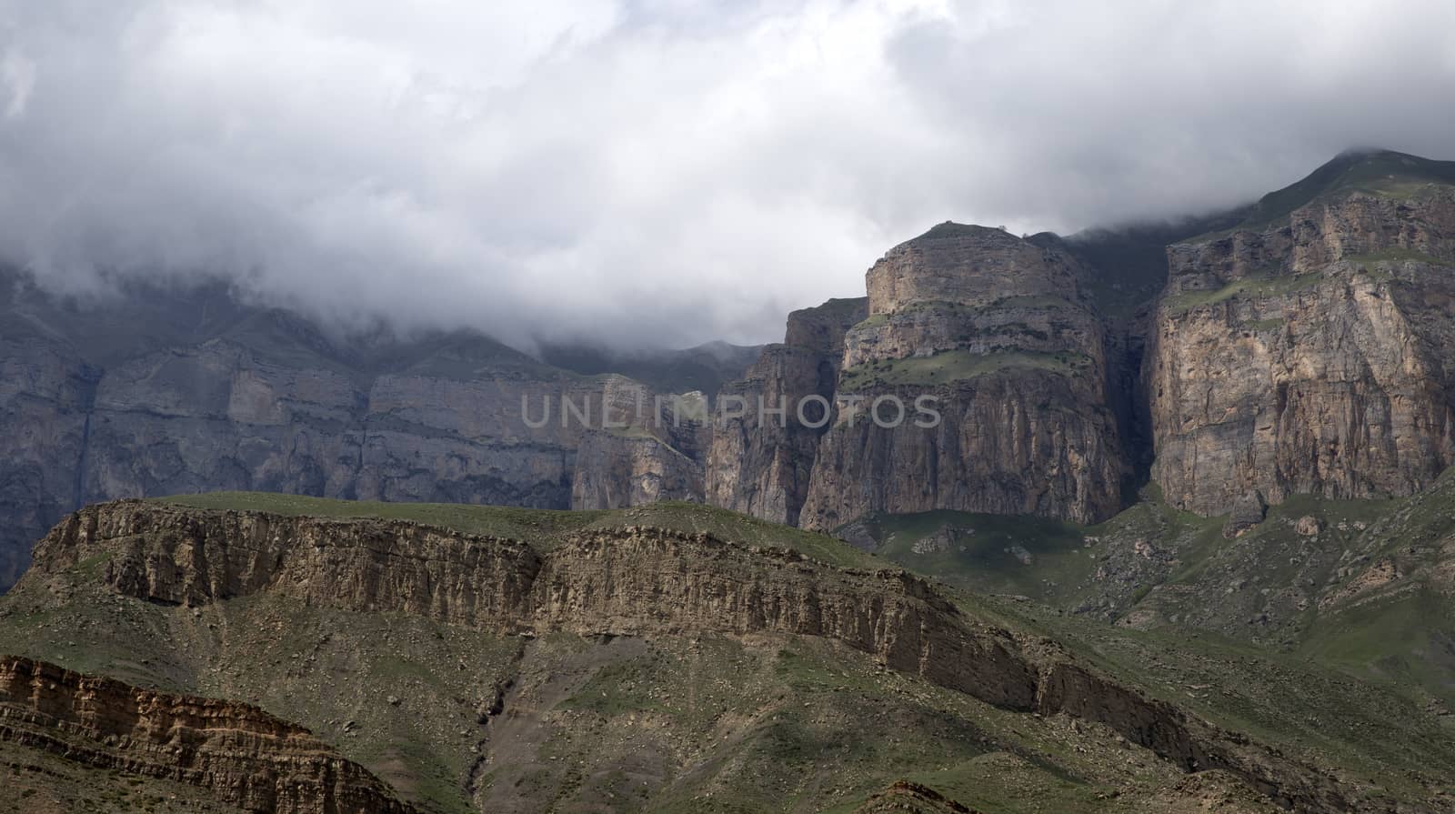 Summer landscape in the mountains. Mountain range shrouded in a cloud of fog.