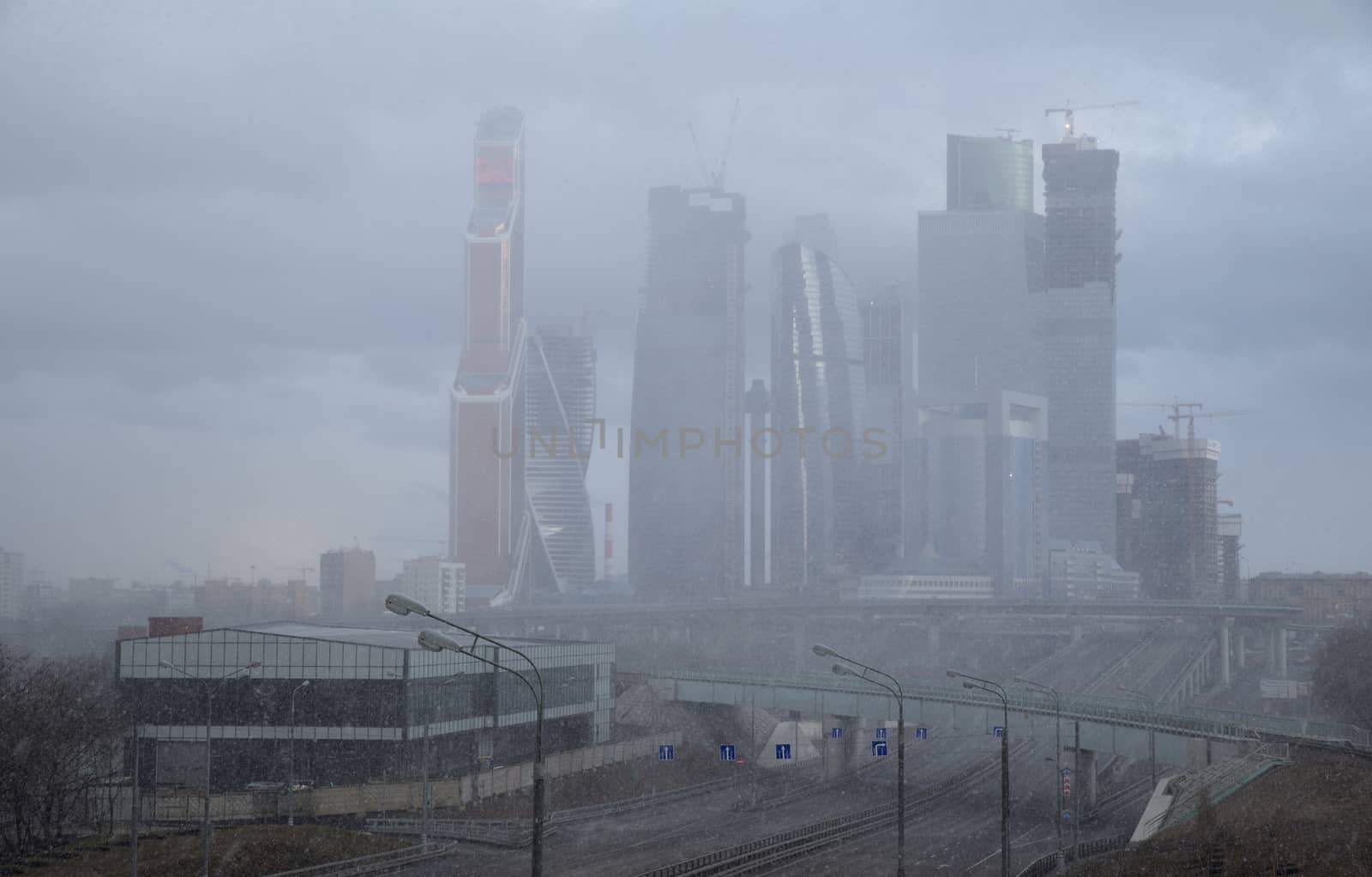 Moscow City Complex under Construction in blizzard