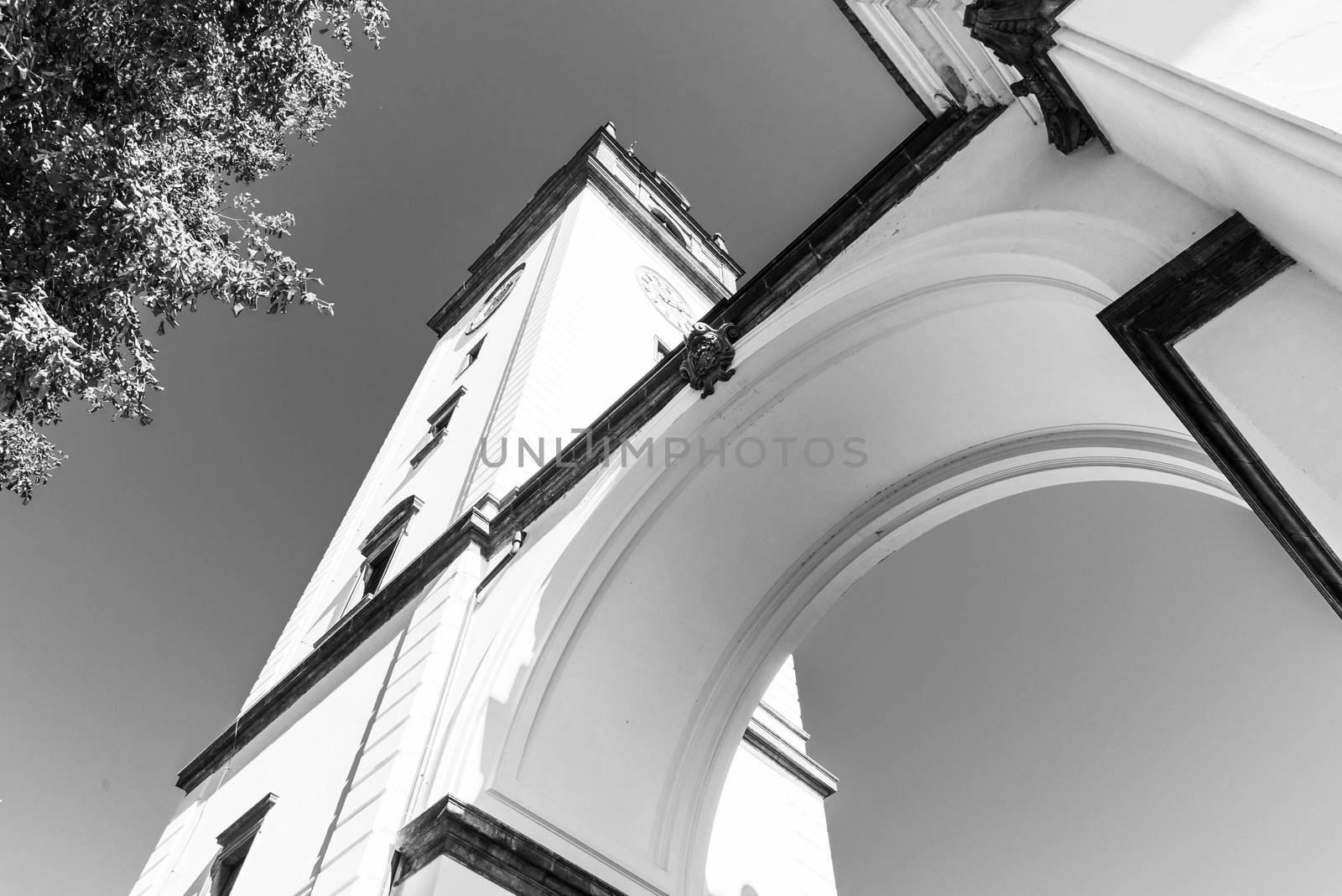 Bell tower at St. Stephen's Cathedral in Litomerice, Czech Republic. Black and white image.