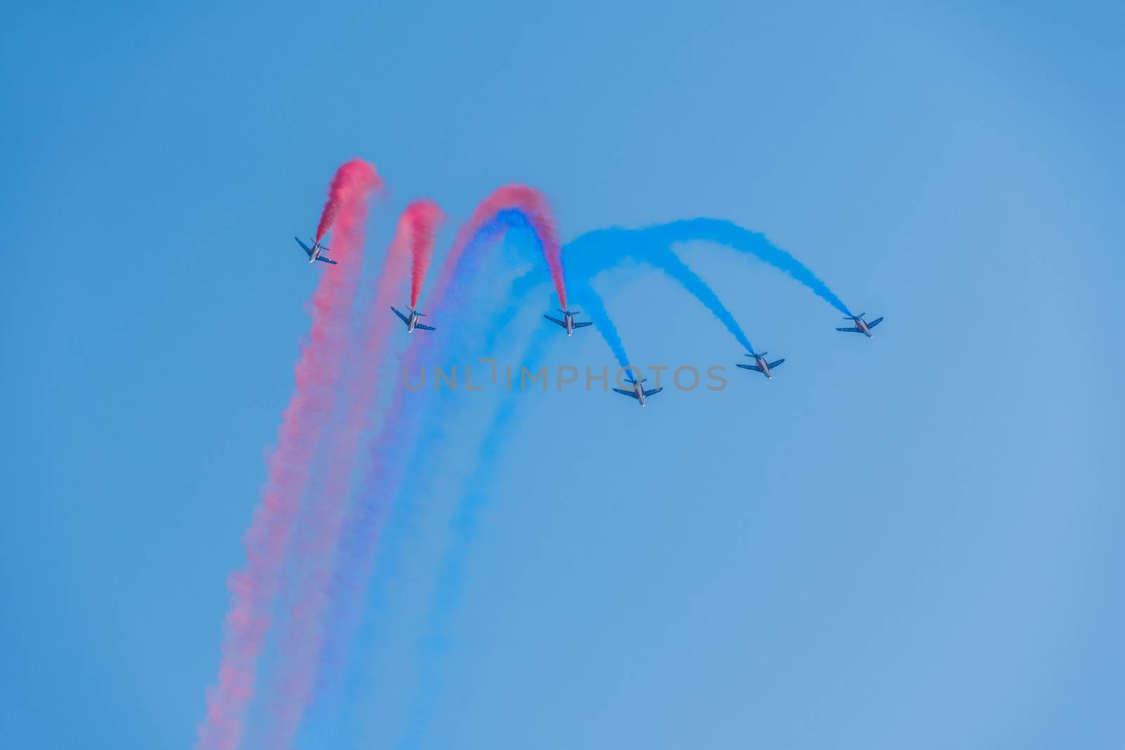 Démonstration des 9 alphajets de la patrouille de France lors d'un meeting aérien