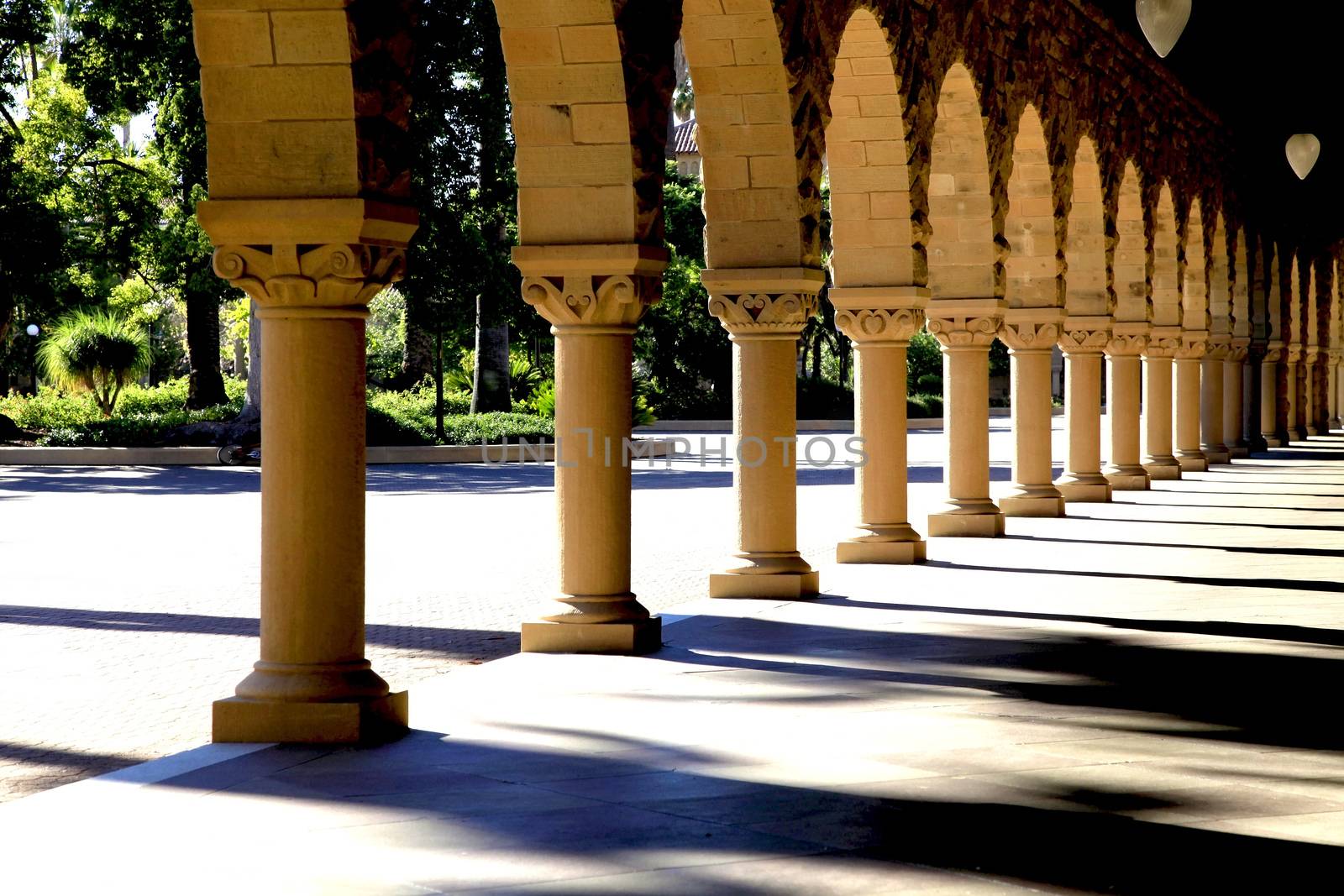 Covered arch way near the main Quad of Stanford University campus located in Palo Alto, California.
