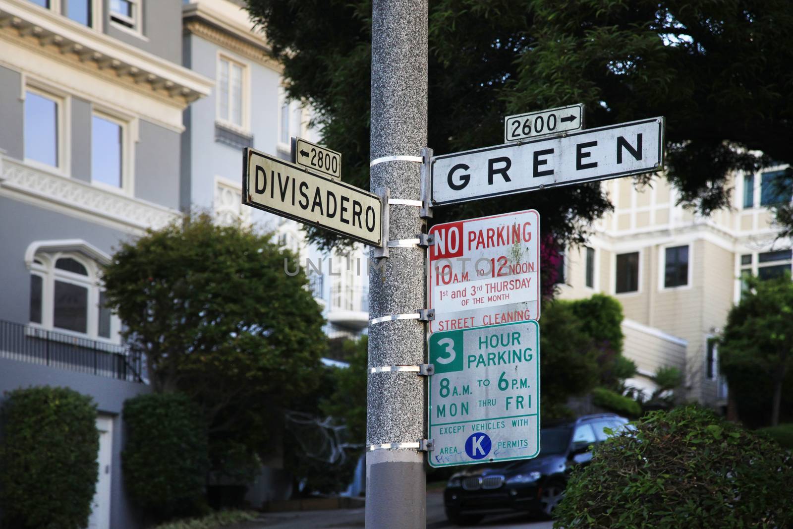 At the intersection of Divisadero Street and Green Street in San Francisco, California.