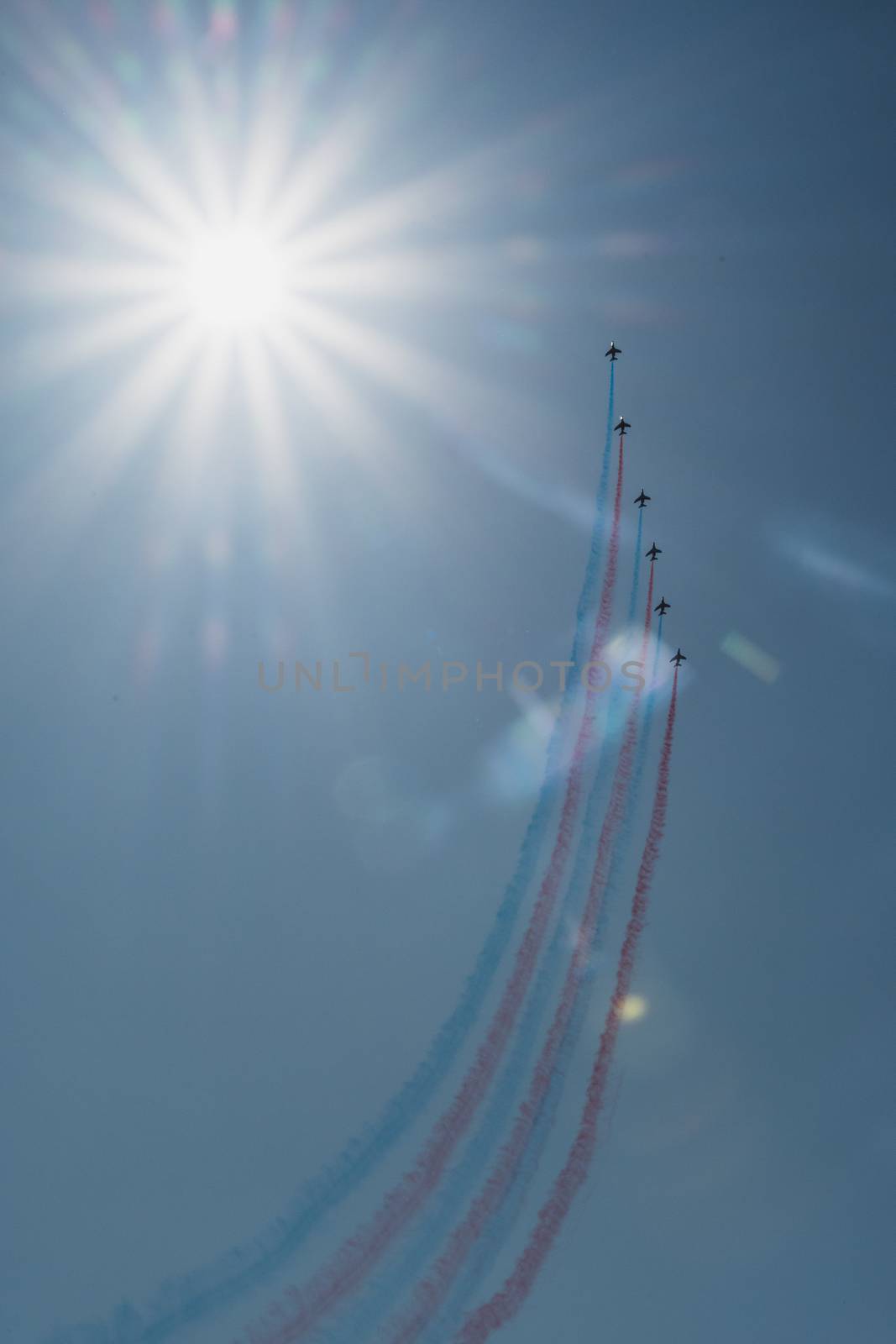 Démonstration des 9 alphajets de la patrouille de France lors d'un meeting aérien