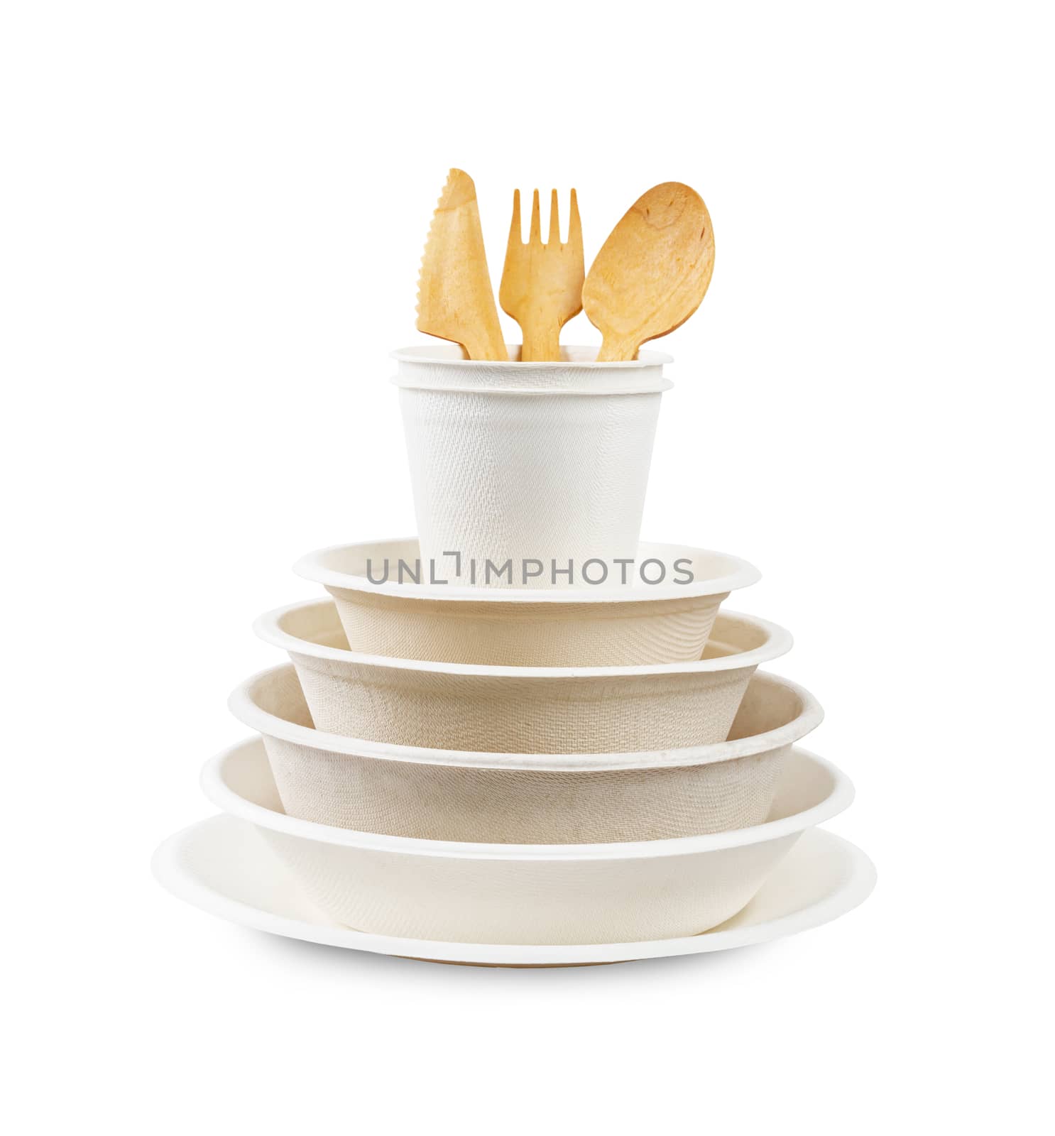 Set of unbleached plant fiber food box and paper cup isolated on white background, Save clipping path. Natural fiber eco food and drink packaging.