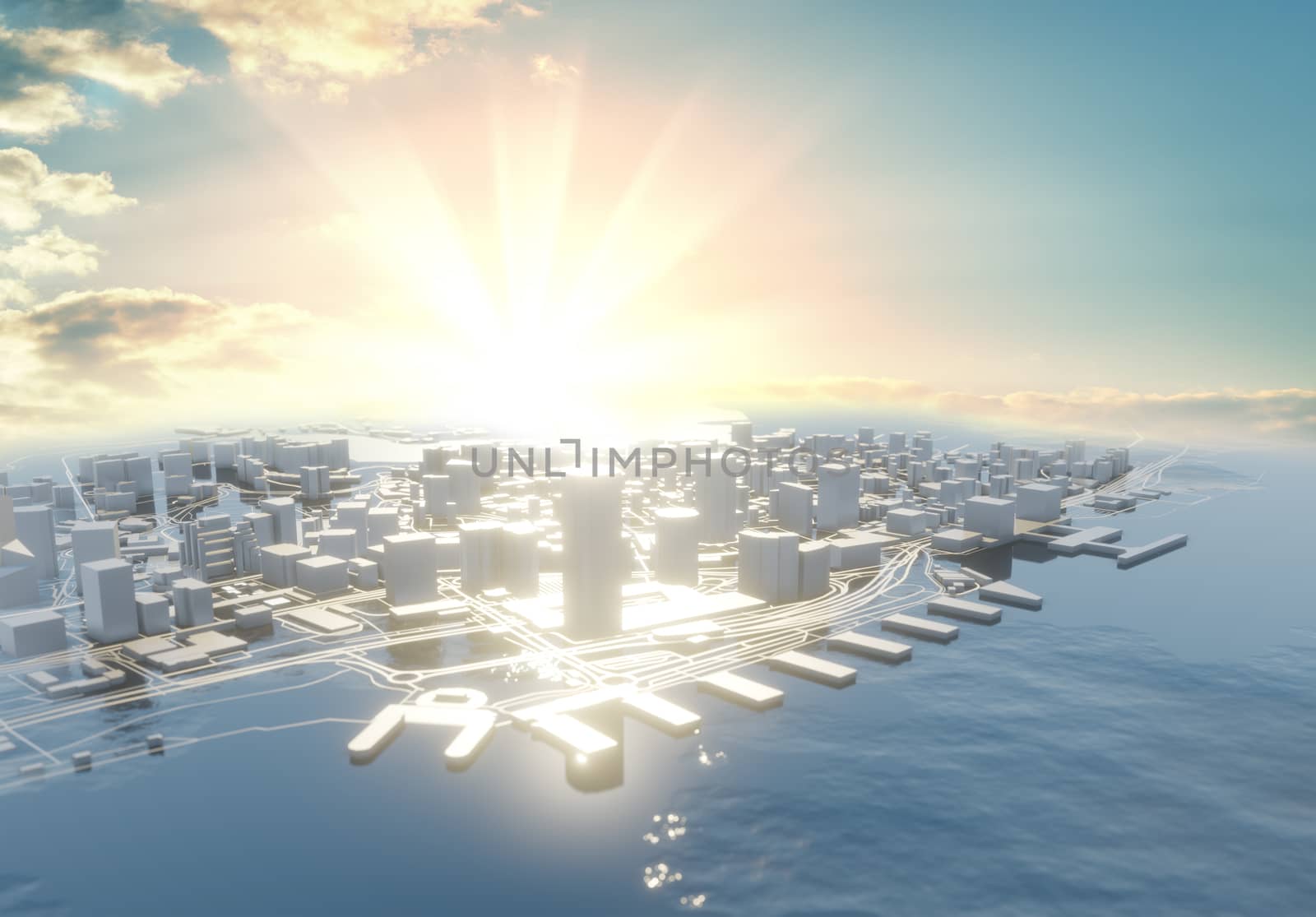 3D illustration. Futuristic City in sunny day by cherezoff