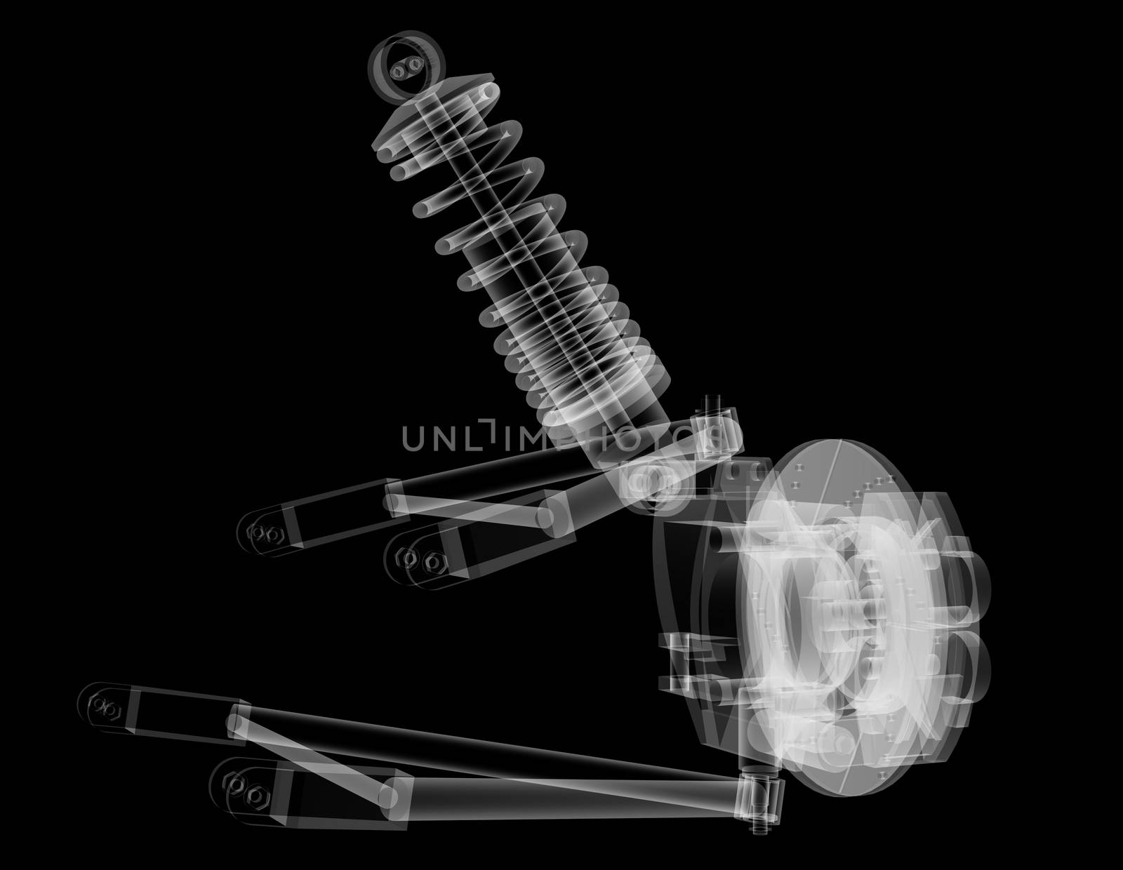 X-ray Car suspension and brake disk on black background, 3d illustration