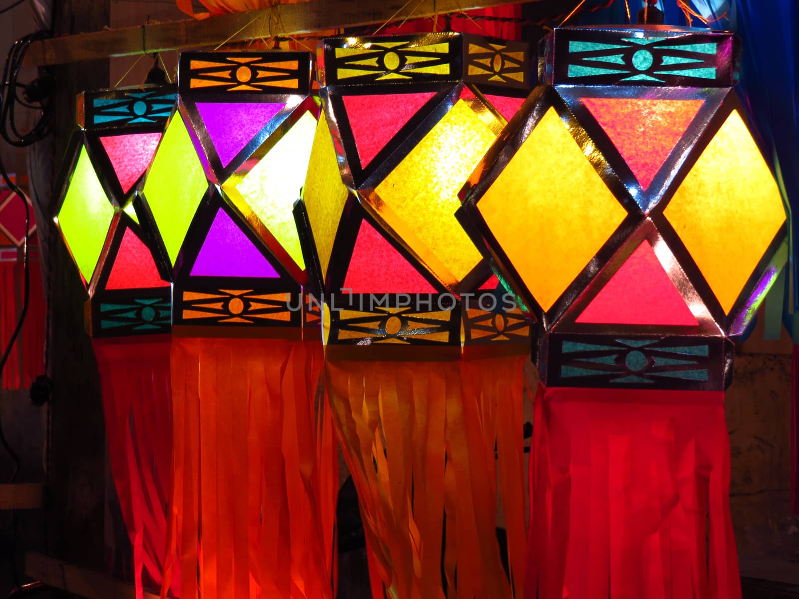 Beautiful colorful traditional lanterns put for decoration during Diwali celebration in India.                               
