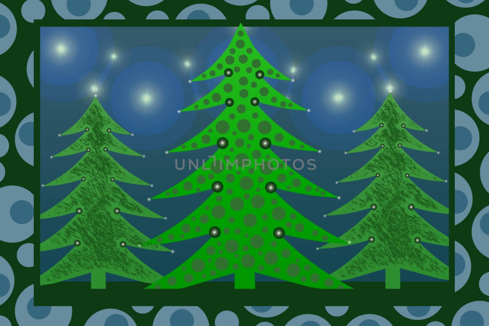 Three Christmas trees, design card, for congratulations on the holiday