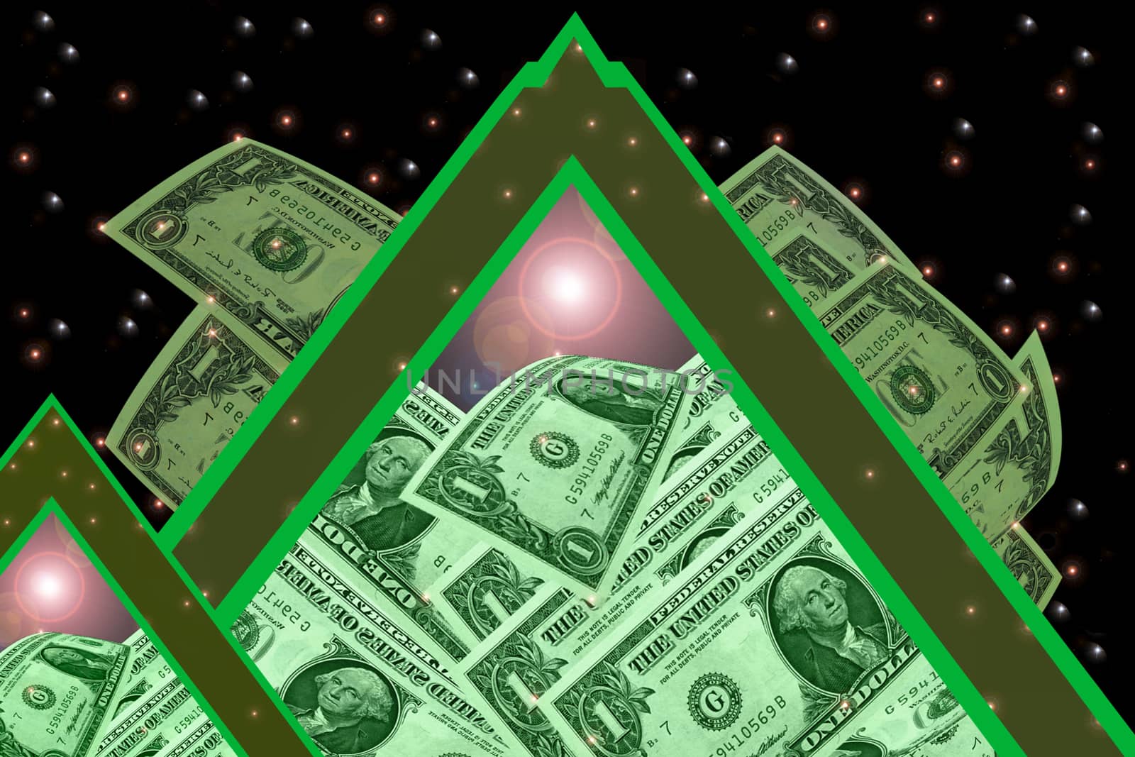 Monetary financial pyramids, like eternal monuments of history, stand under the night sky, covered with bright stars