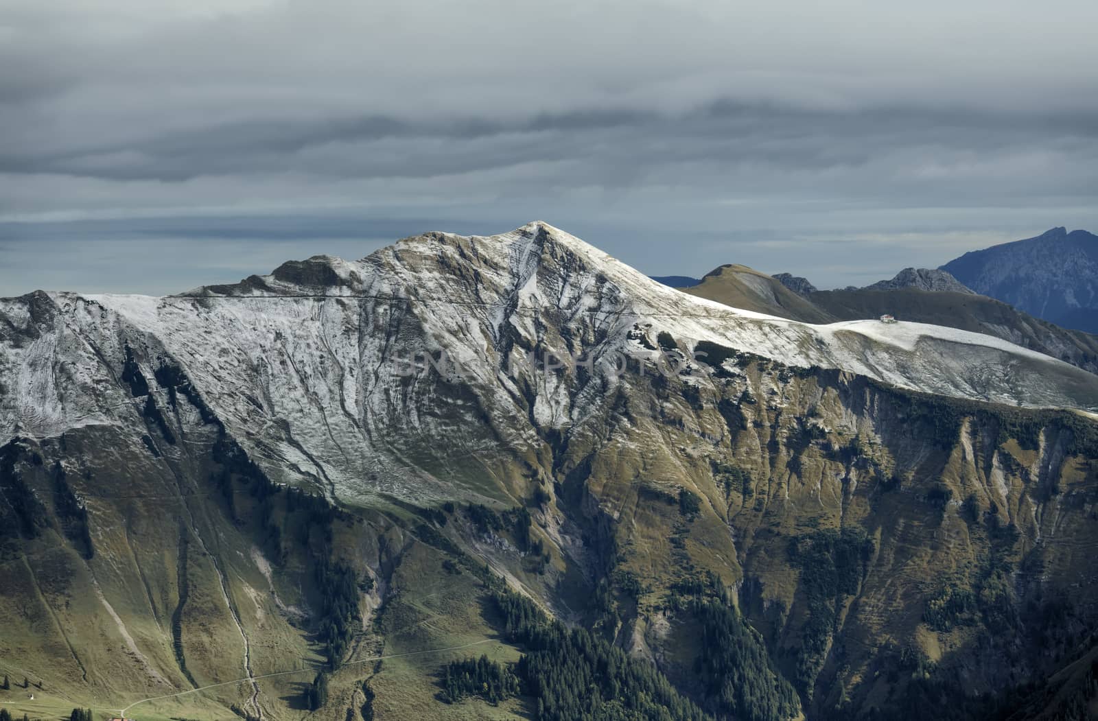 Beautiful view from Axalp with a tiny house on top of the mountain, Switzerland, Bernese Alps, Switzerland