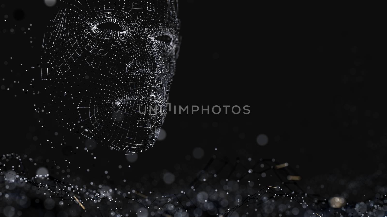 Human face consisting of luminous lines and dots. 3D illustration on a black background