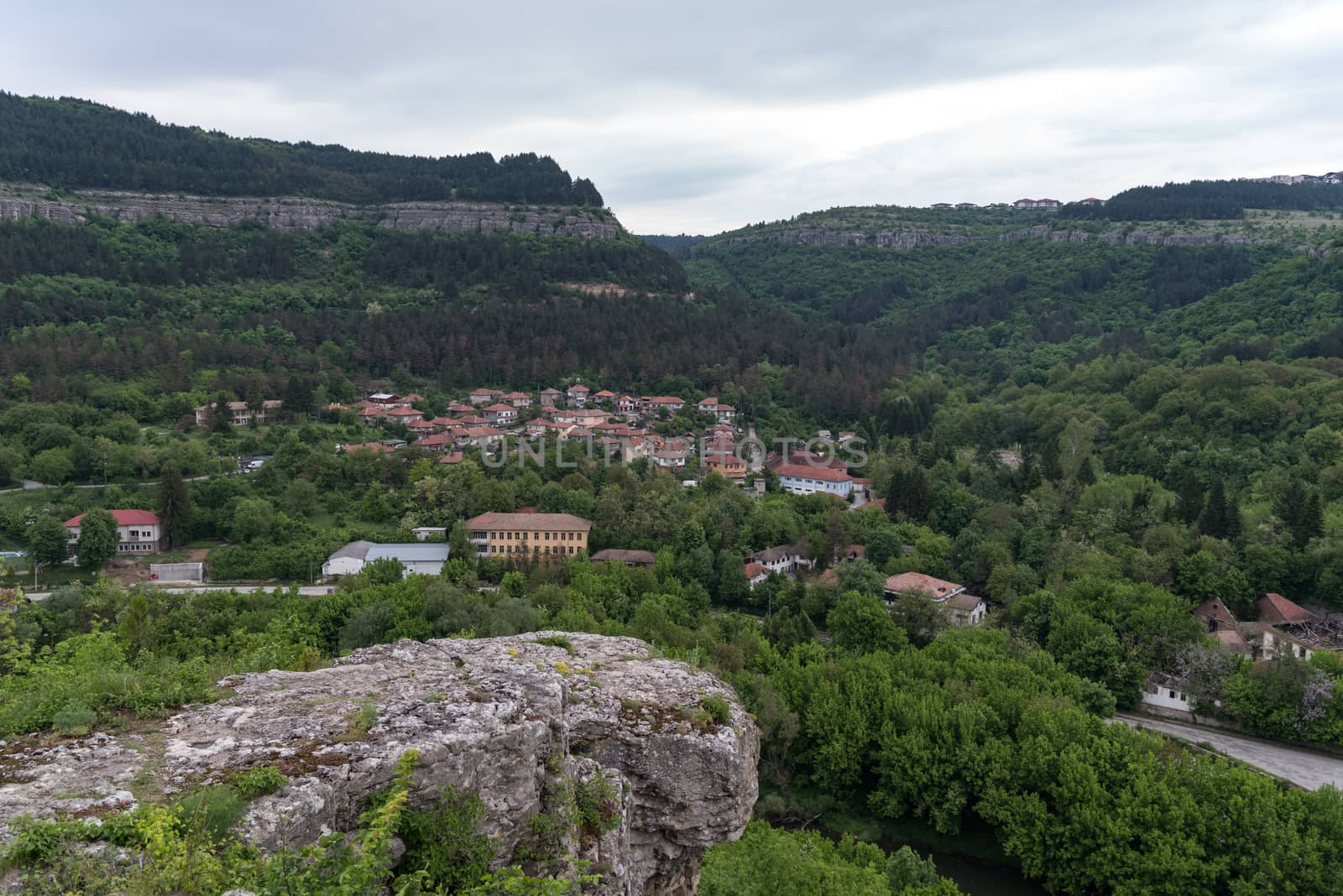 Panoramic view of Yantra river canyon from Trapezitsa fortress. Veliko Tarnovo, Bulgaria