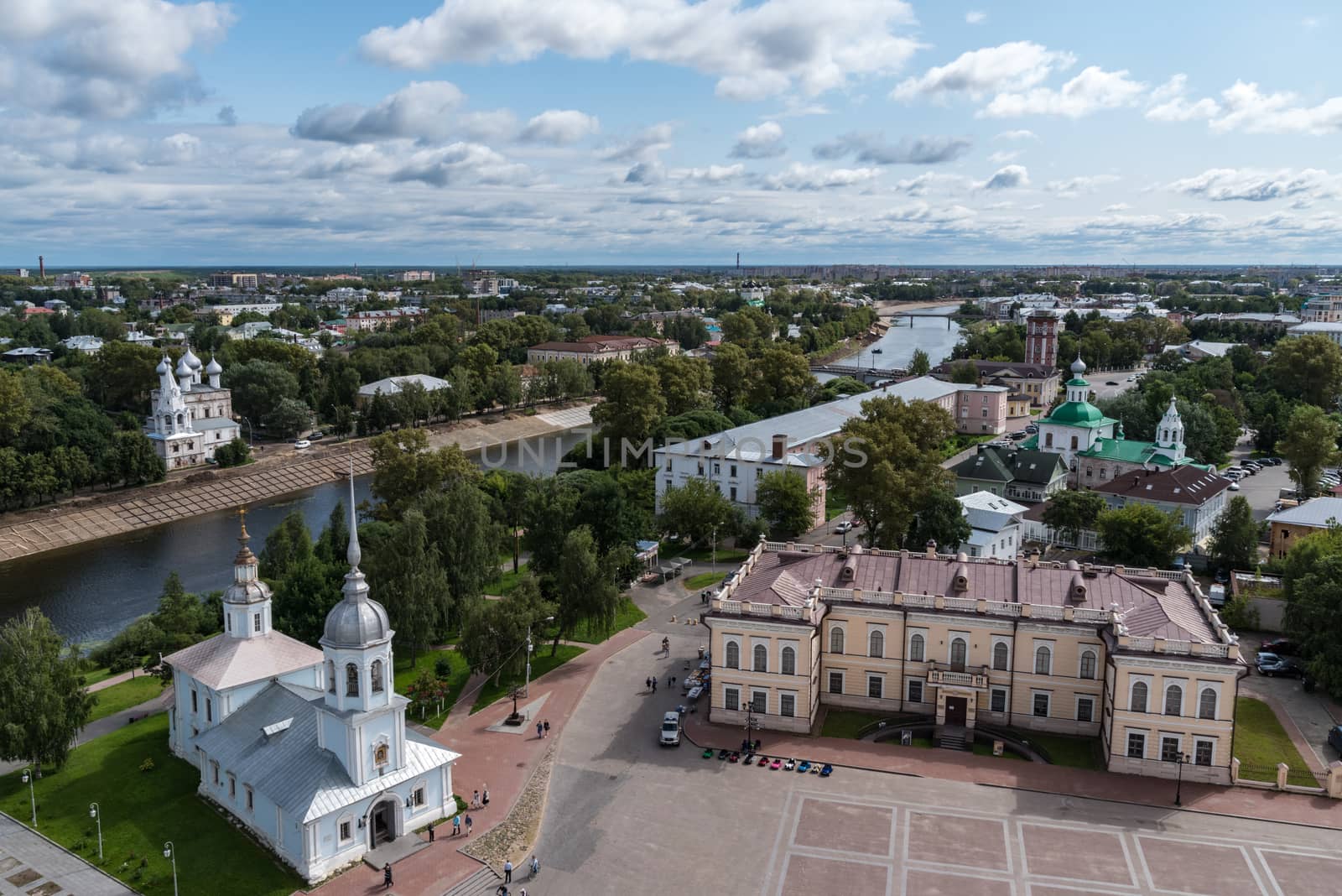 View of the city of Vologda from the observation deck of the bell tower of St. Sophia Cathedral. Vologda region, Russia.