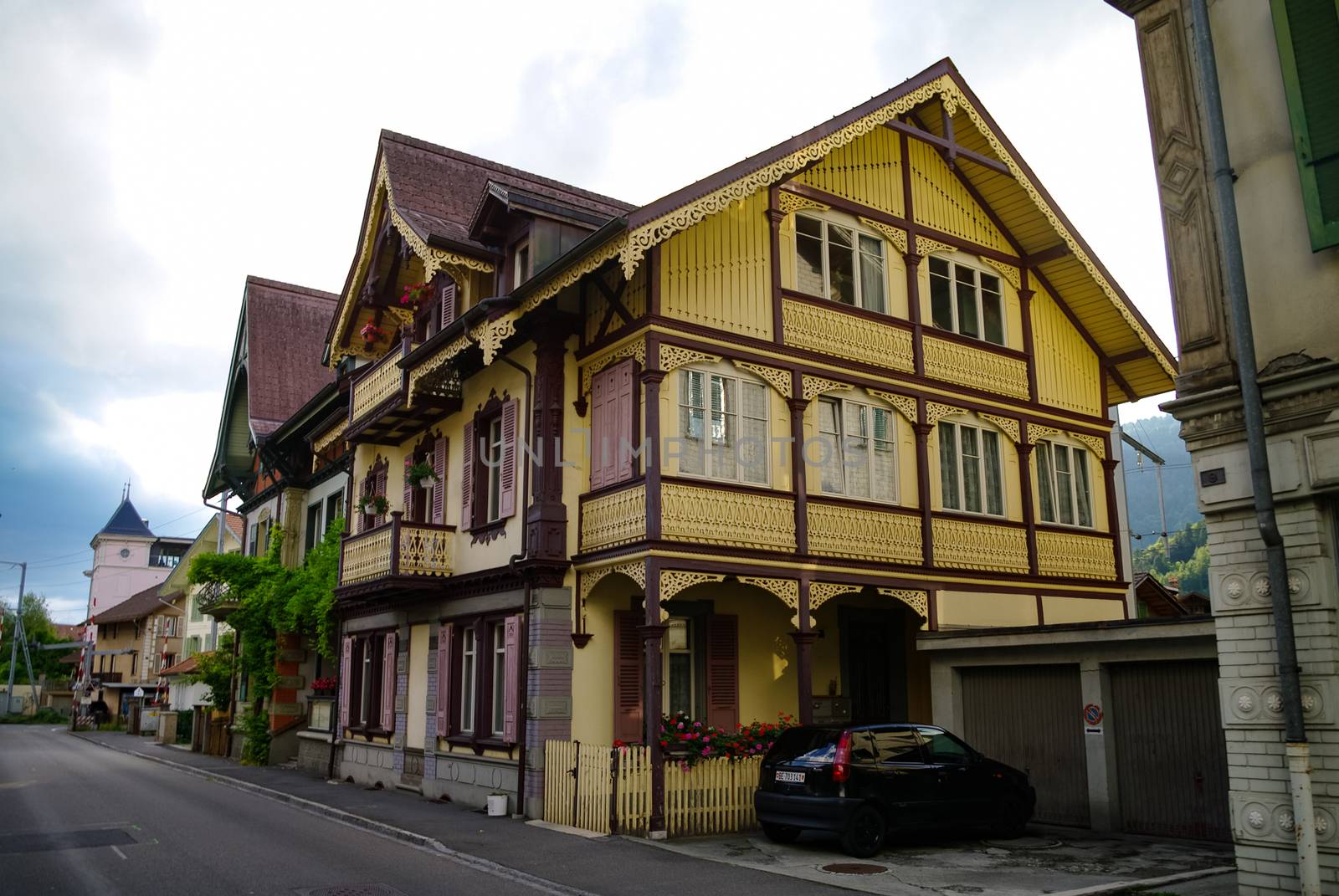 Interlaken, Switzerland - Agust 24, 2010:  Old wooden house in central of Interlaken town