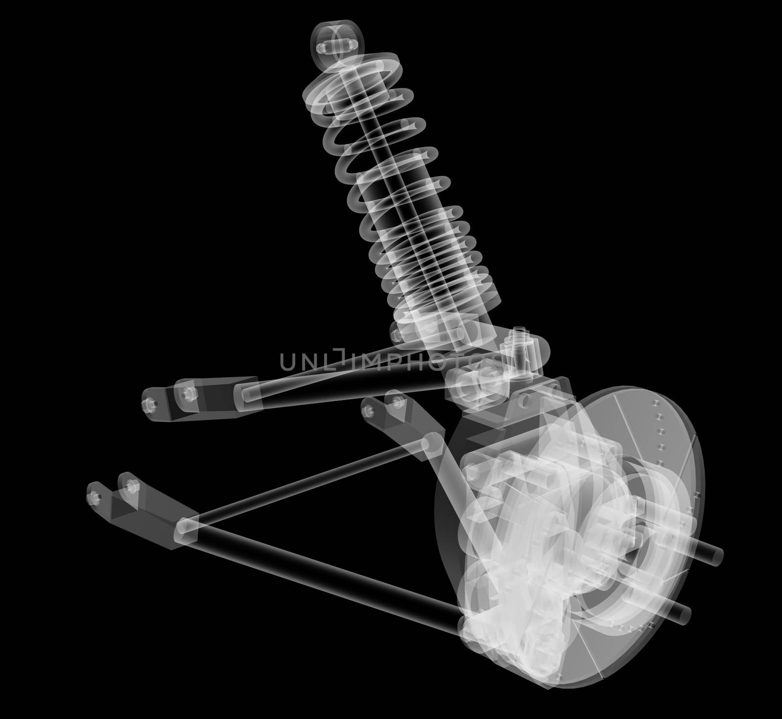 X-ray Car suspension and brake disk on black background, 3d illustration