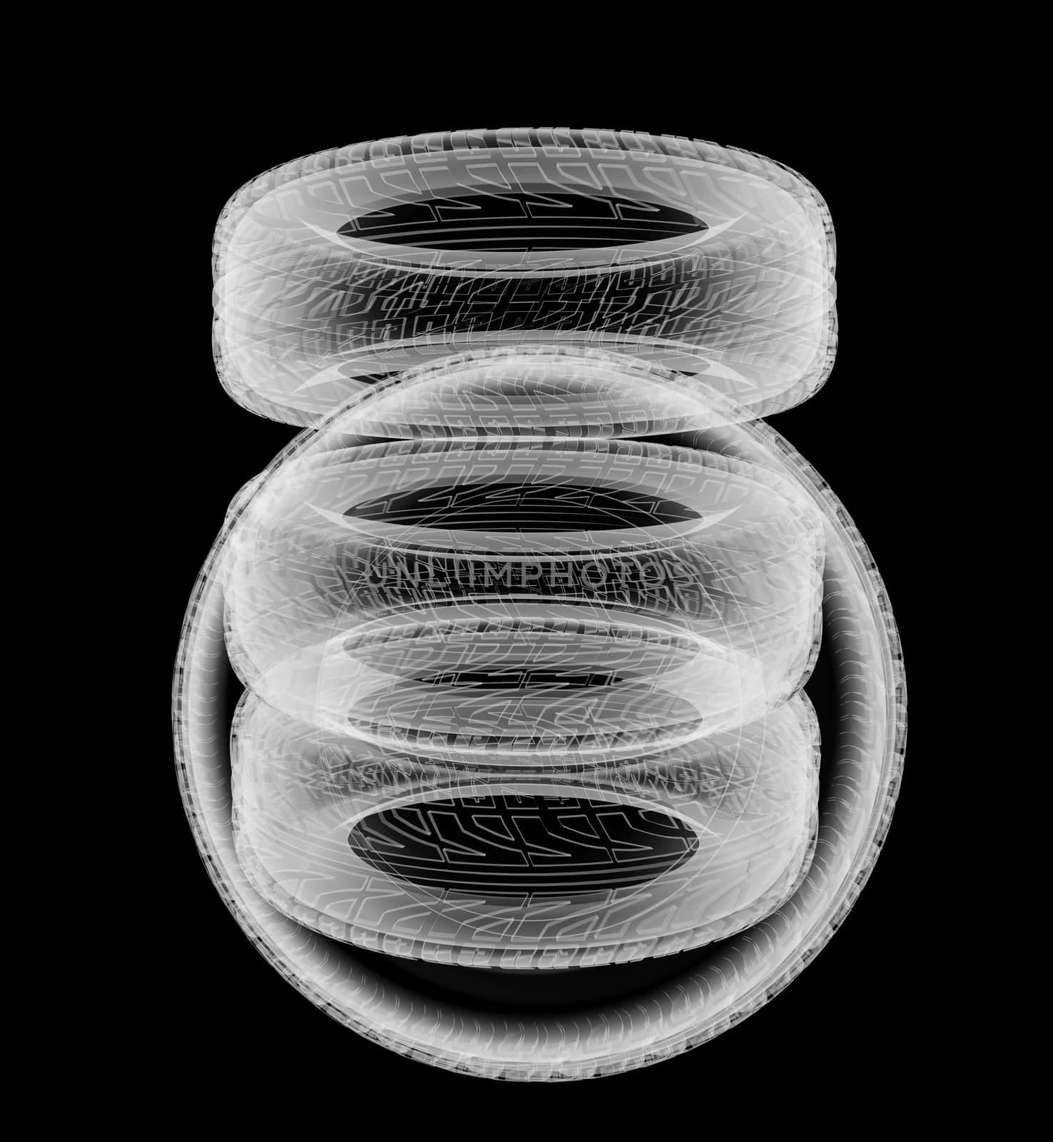 Car wheels X-Ray style. Isolated on black background. 3D illustration