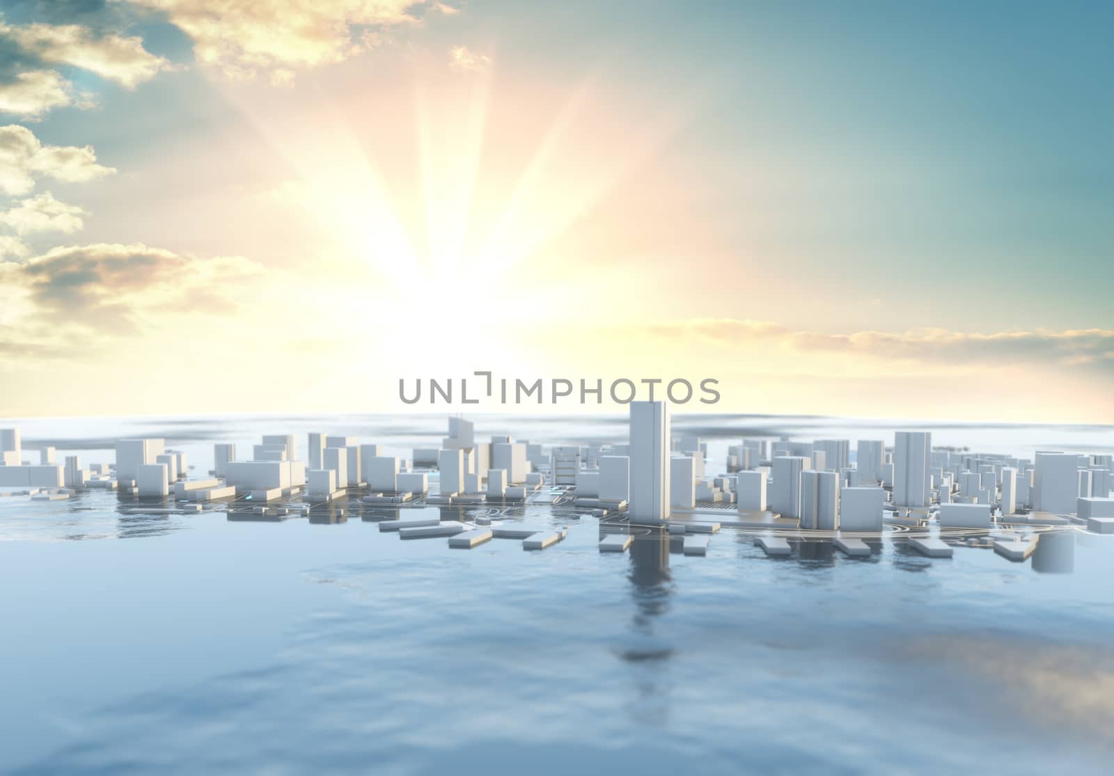 3D illustration. Futuristic City in sunny day by cherezoff