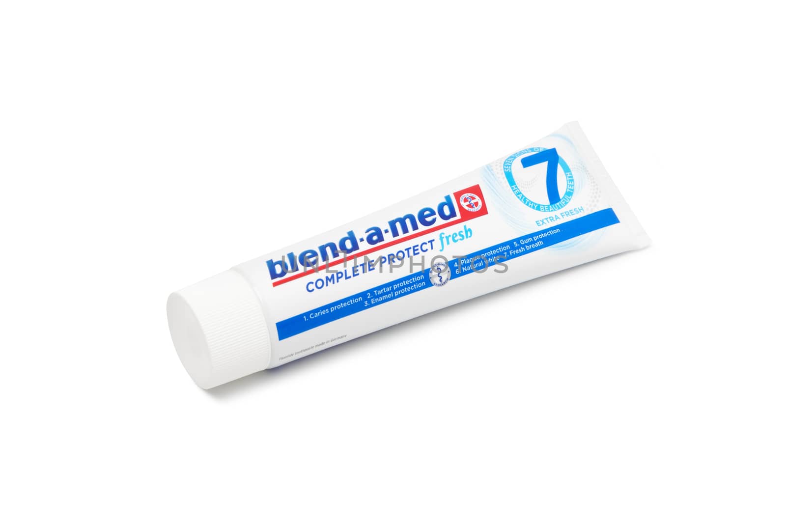 Chisinau, Moldova - October 19, 2019. Blend-A-Med toothpaste,  Extra Fresh,  made by Procter & Gamble. Isolated on white background