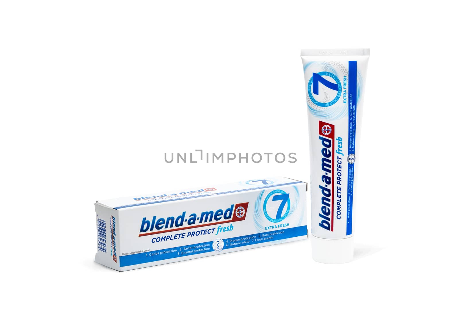 Chisinau, Moldova - October 19, 2019. Blend-A-Med toothpaste,  Extra Fresh,  made by Procter & Gamble. Isolated on white background