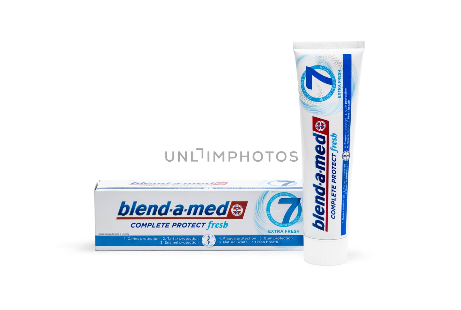 Chisinau, Moldova - October 19, 2019. Blend-A-Med toothpaste,  Extra Fresh,  made by Procter & Gamble. Isolated on white background