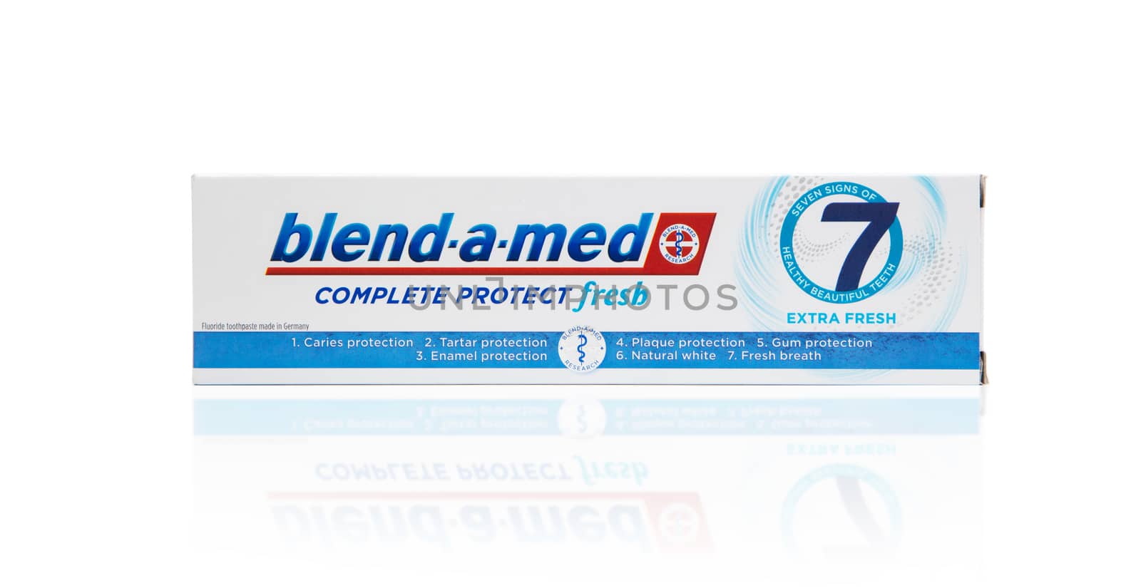 Chisinau, Moldova - October 19, 2019. Blend-A-Med toothpaste,  Extra Fresh,  made by Procter & Gamble. Isolated on white background