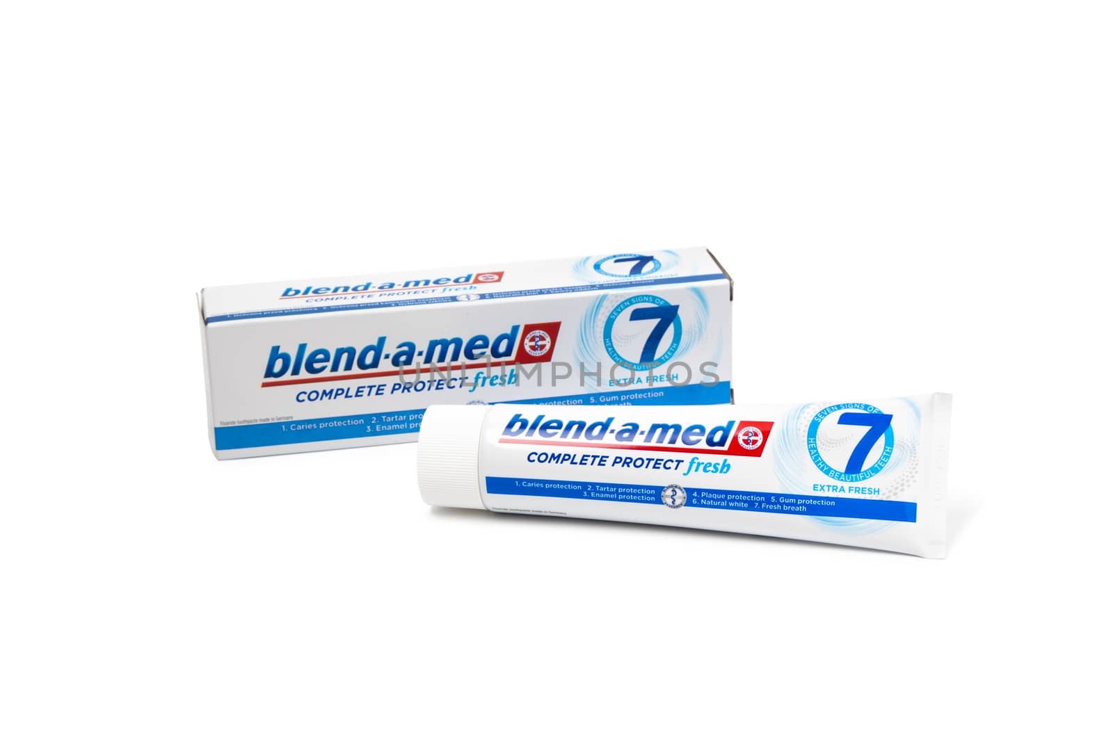 Chisinau, Moldova - October 19, 2019. Blend-A-Med toothpaste,  Extra Fresh,  made by Procter & Gamble. Isolated on white background