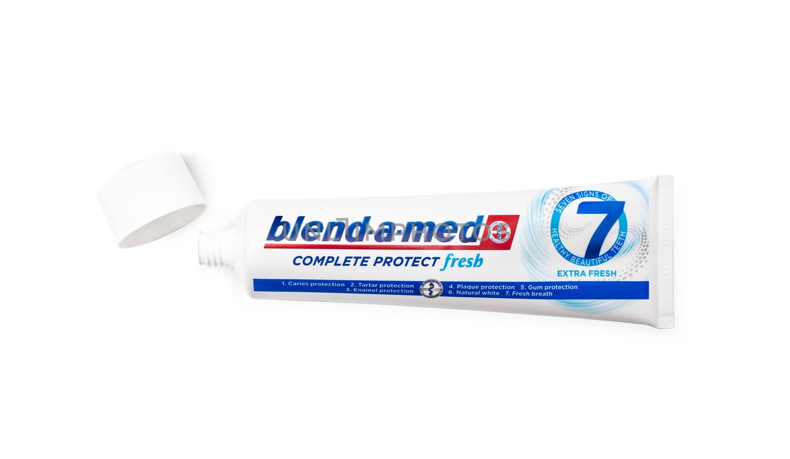 Chisinau, Moldova - October 19, 2019. Blend-A-Med toothpaste,  Extra Fresh,  made by Procter & Gamble. Isolated on white background