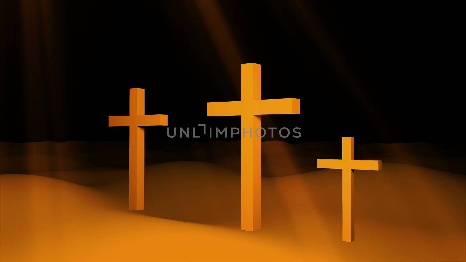 Three christian crosses are on ground and sun rays, resurrection Easter conceptual art, 3d rendering backdrop
