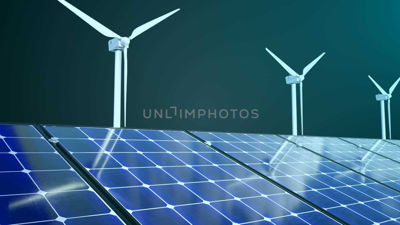 Rotating windmills and solar panels, 3d render background, computer generating for ecology design