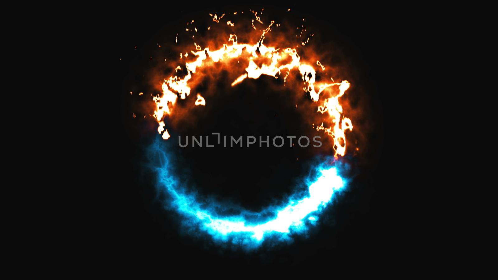 Bright dymanic fire and ice ring in space, this is opposite symbol, 3d rendering, computer generated background