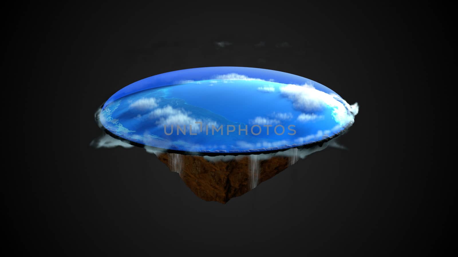 Flat earth with nature landscape, ancient belief in plane globe in form of disk, 3d rendering abstraction