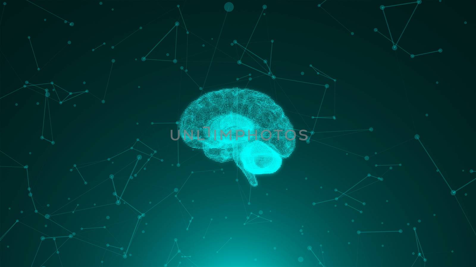 3d render of brain on background with many connection dots, concept for science, technology, internet, computer rendering backdrop