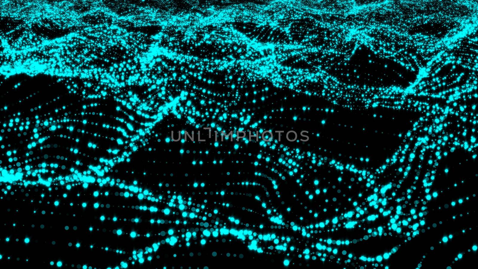 Abstract waving shiny particles as sea water, computer generated abstract background, 3D rendering