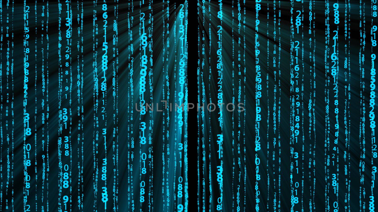 Many numbers, digital data and rays, abstract technology 3d rendering background, computer generated, for technology or internet creative