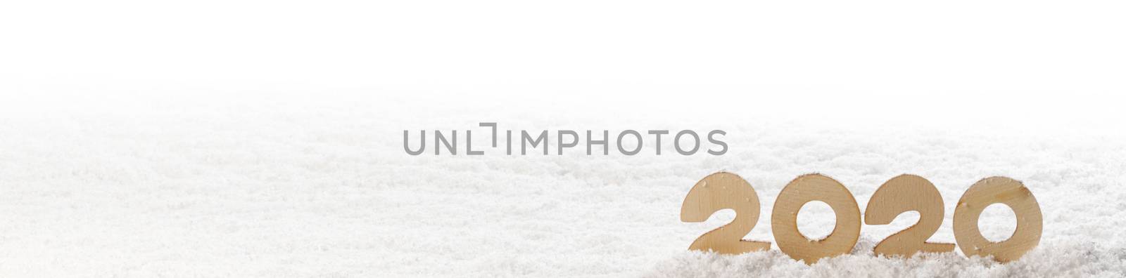 Wooden Number 2020 in the snow , Happy New Year's concept isolated on white background