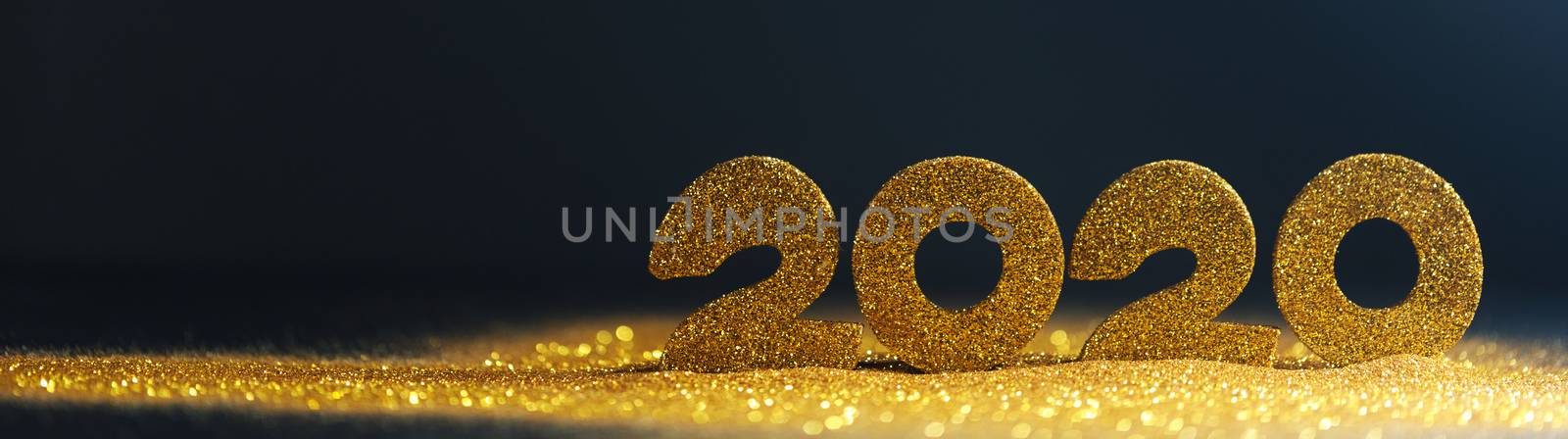 2020 New Year luxury design concept. Golden 2020 New Year horizontal template with golden glitter on blue backgound