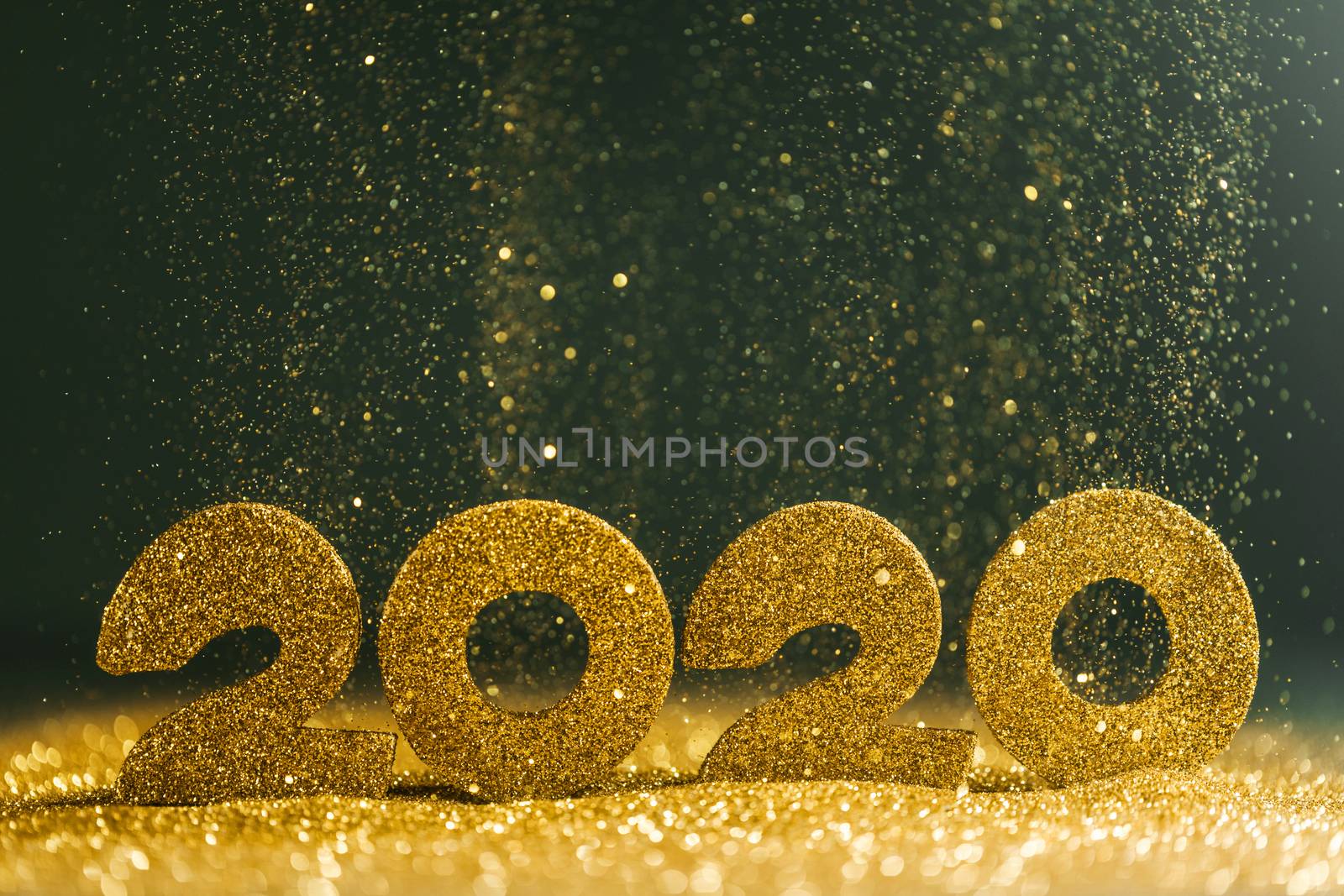 2020 New Year luxury design concept. Golden 2020 New Year horizontal template with golden glitter on blue backgound