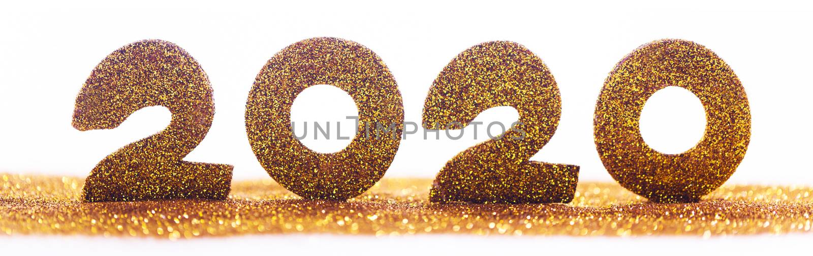 2020 New Year luxury design concept. Golden 2020 New Year horizontal template with golden glitter isolated on white backgound
