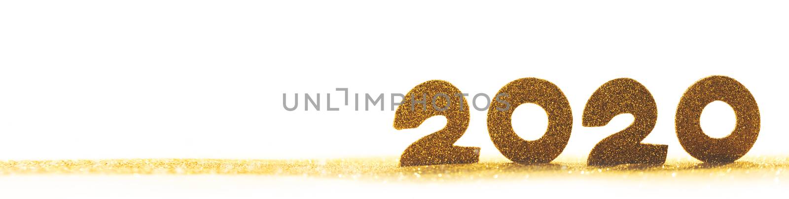 2020 New Year luxury design concept. Golden 2020 New Year horizontal template with golden glitter isolated on white backgound