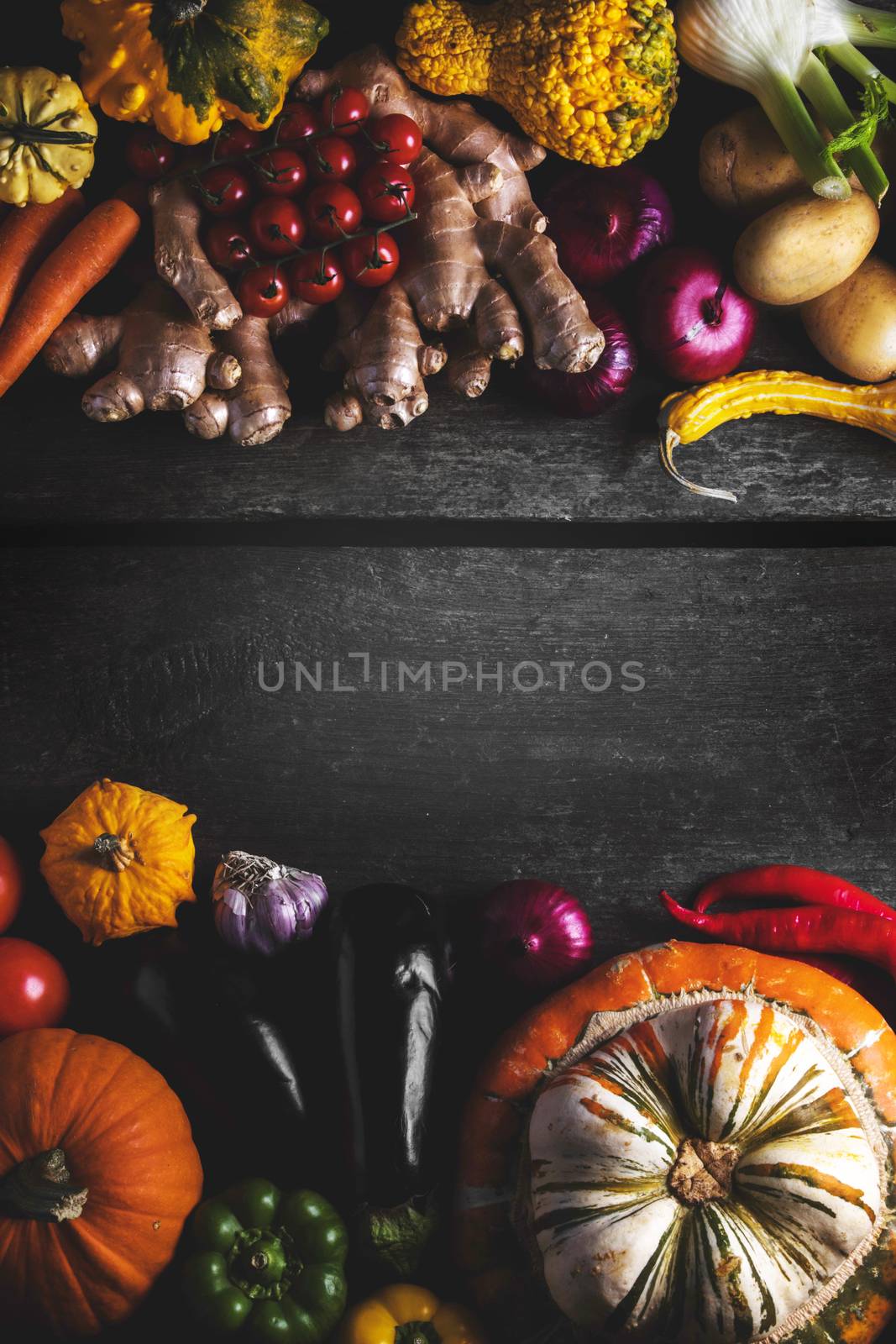 Harvest of many vegetables on rustic wooden table background border frame with copy space for text