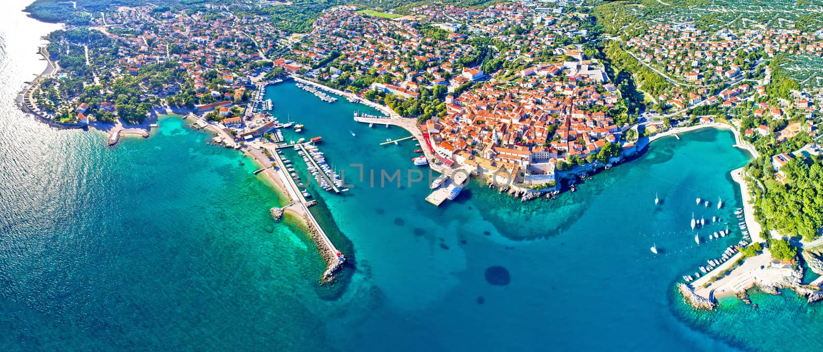 Idyllic Adriatic island town of Krk aerial panoramic view, Kvarner bay of Croatia