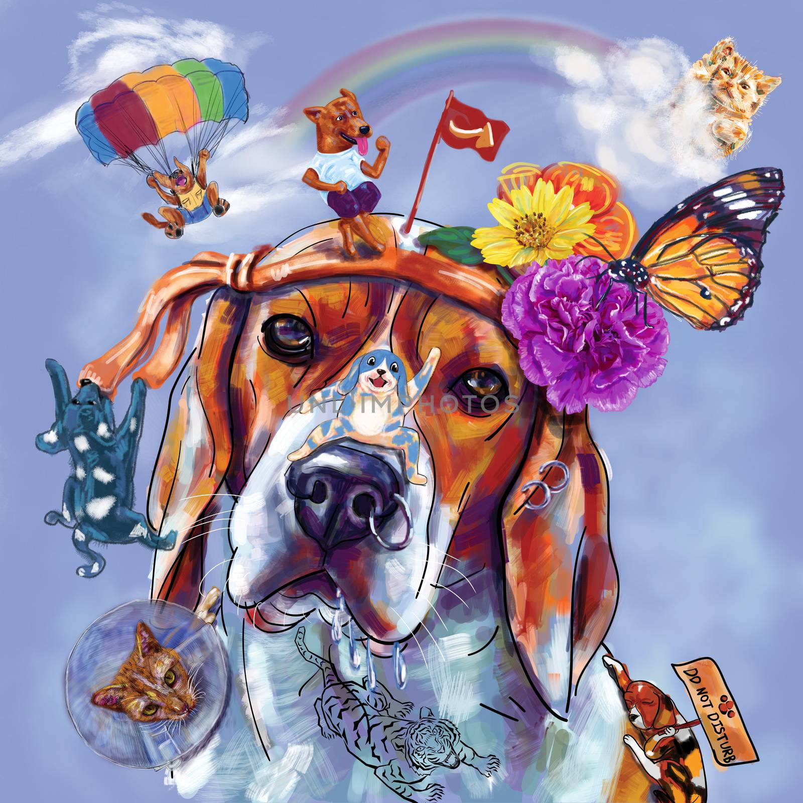 Digital painting of beagle dog head with funny character and imagination.